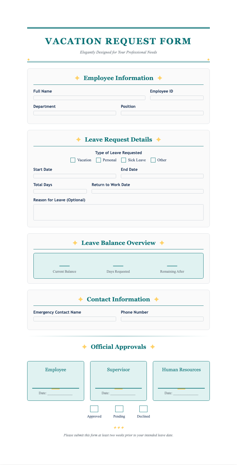 Elegant teal vacation request template